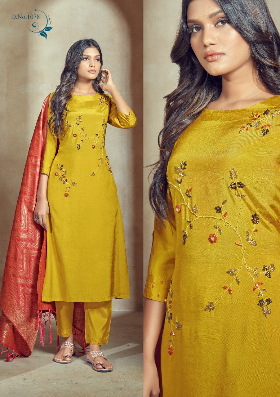 Yellow hand work suit set with Banarasi dupatta