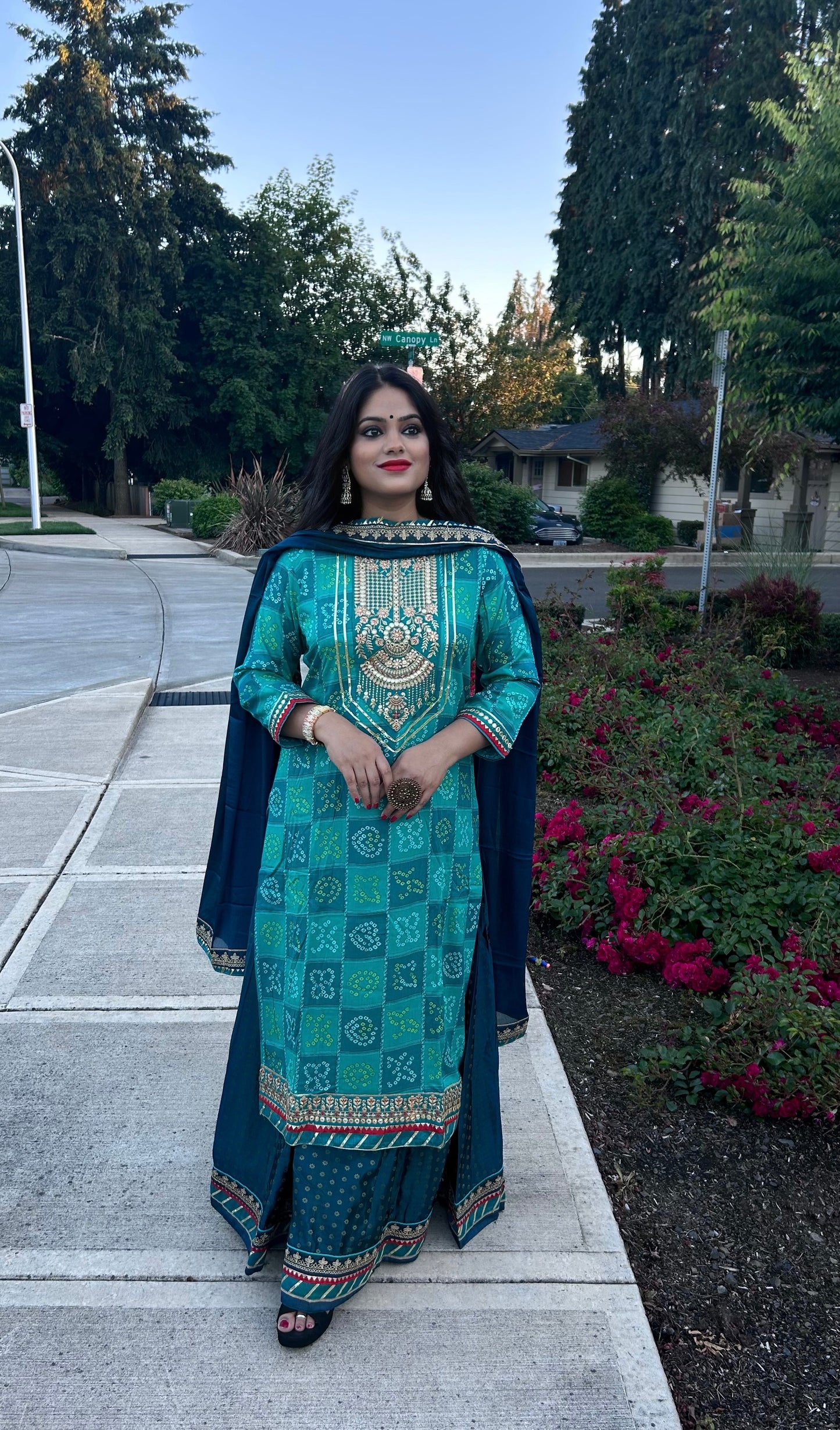 Bandhej kurta, skirt and Dupatta